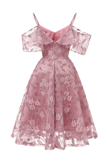 A Línea Fuera del Hombro Vestido Vintage de Encaje Rosa
